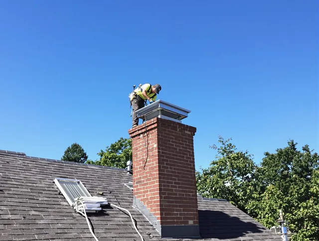 Warrensville Heights Chimney Sweep technician measuring a chimney cap in Warrensville Heights, OH